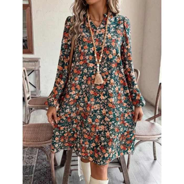 Kadın Uzun Kollu V Yakalı Desenli Modal Mini Elbise
