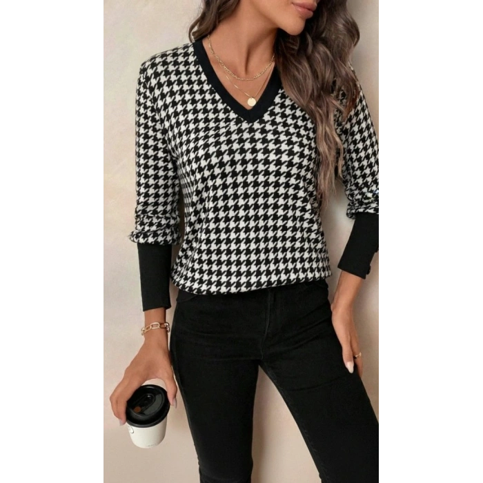 Kadın Uzun Kollu V Yakalı Desenli Süprem Bluz