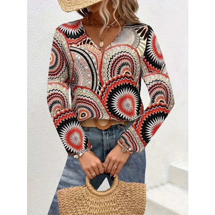 Kadın Uzun Kollu V Yakalı Desenli Süprem Bluz