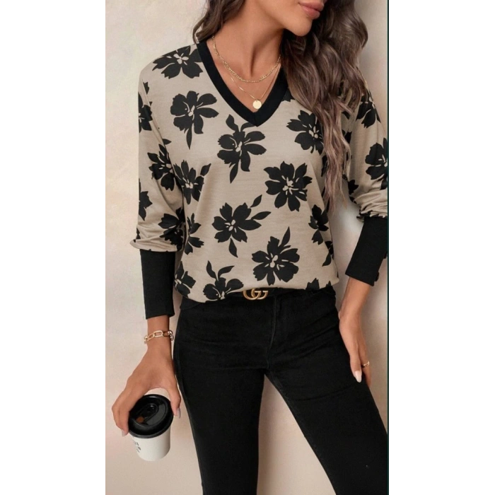 Kadın Uzun Kollu V Yakalı Desenli Süprem Bluz