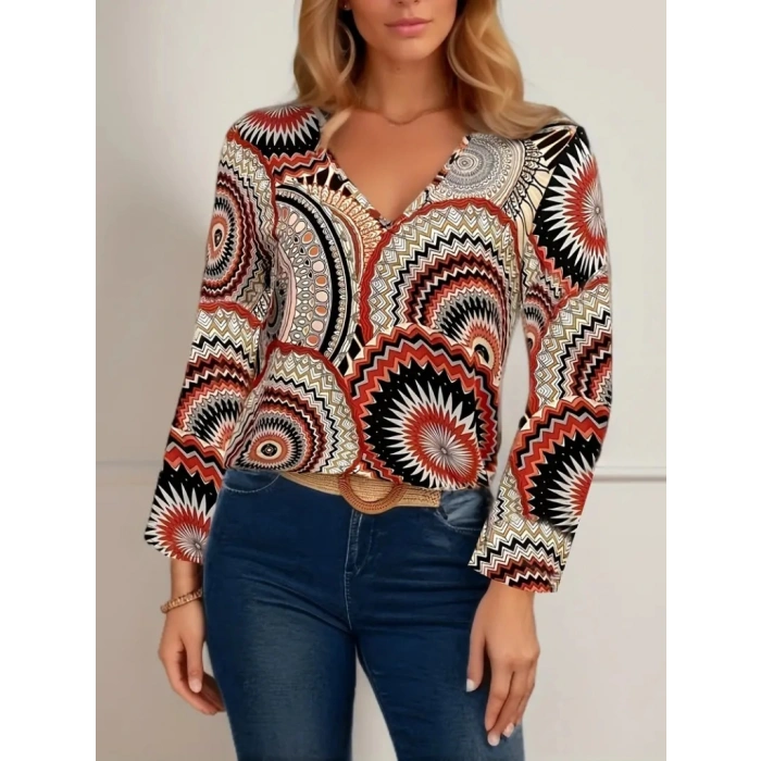 Kadın Uzun Kollu V Yakalı Desenli Süprem Bluz
