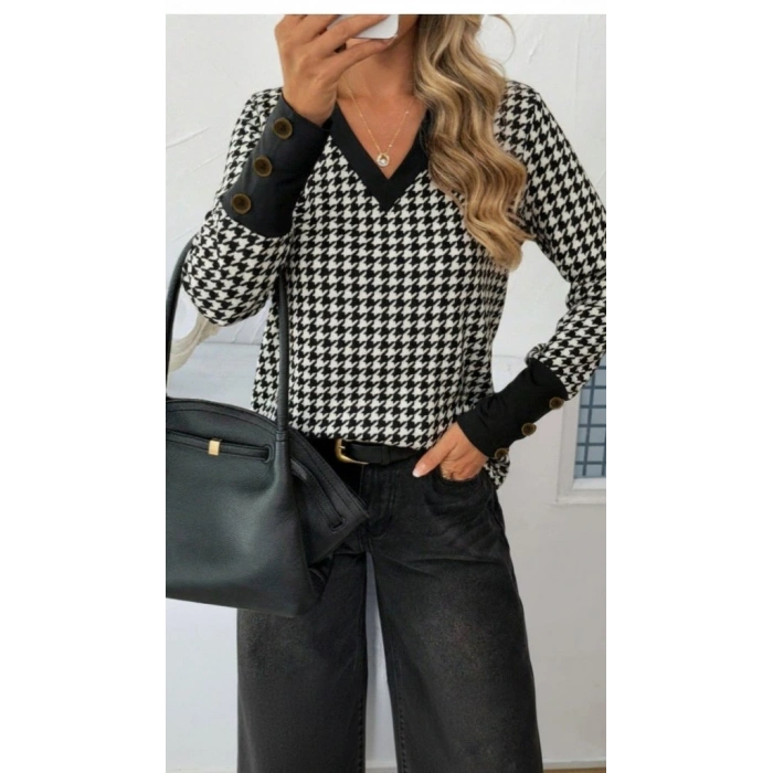 Kadın Uzun Kollu V Yakalı Desenli Süprem Bluz