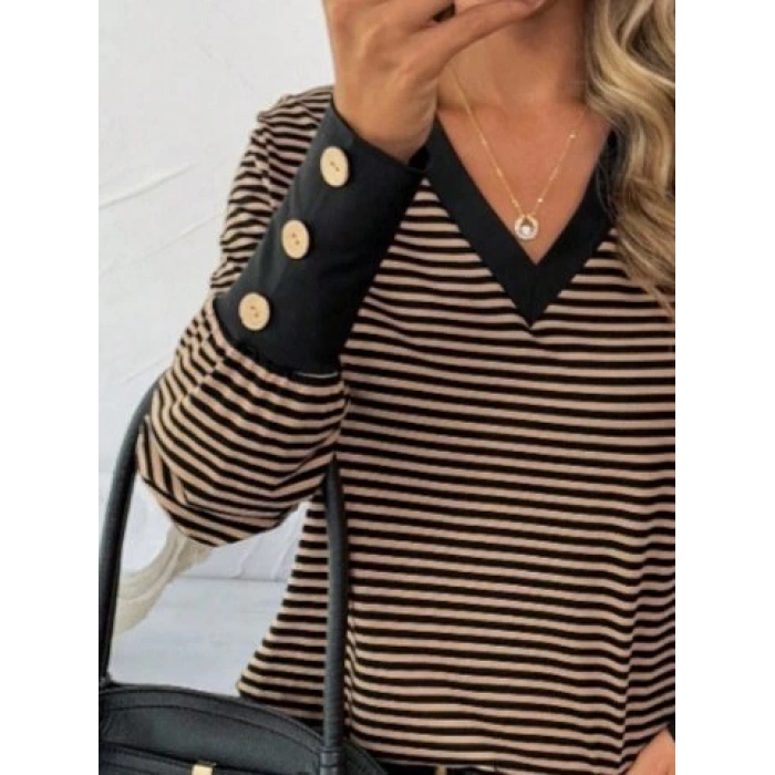 Kadın Uzun Kollu V Yakalı Desenli Süprem Bluz