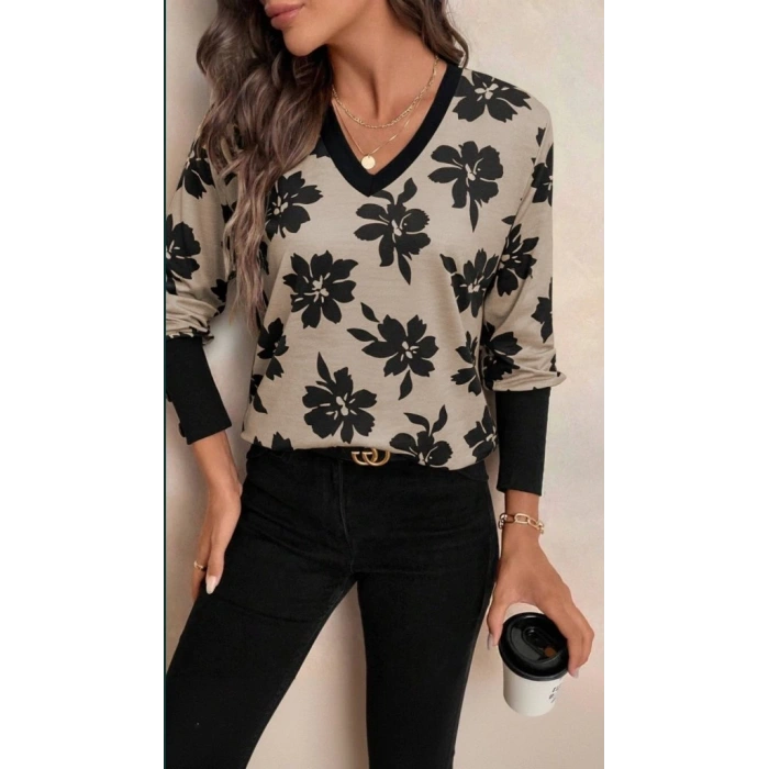 Kadın Uzun Kollu V Yakalı Desenli Süprem Bluz