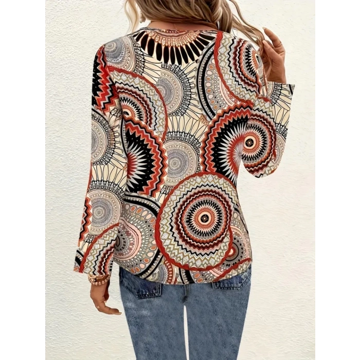 Kadın Uzun Kollu V Yakalı Desenli Süprem Bluz