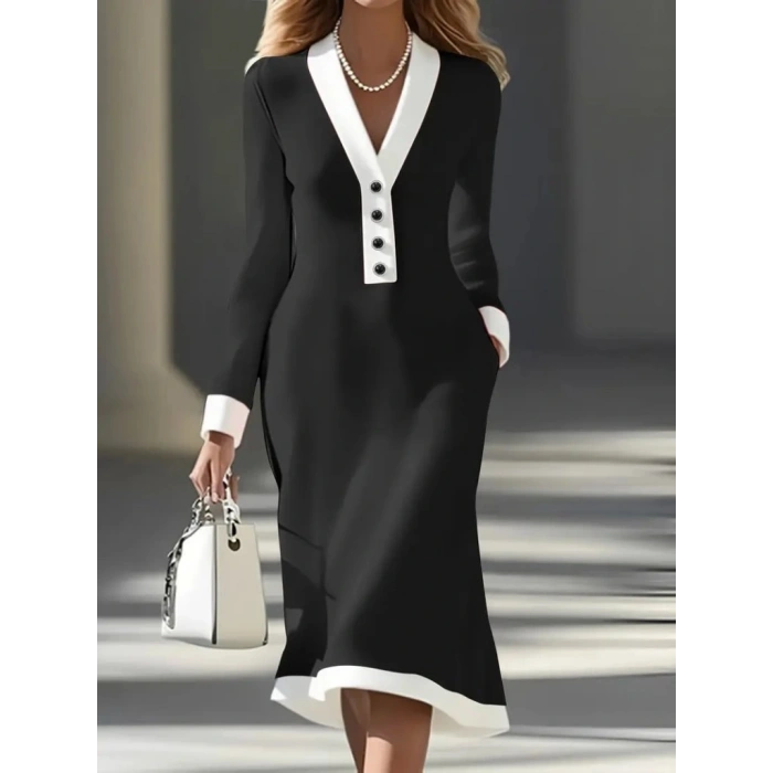 Kadın Uzun Kollu V Yakalı Düğmeli Midi Modal Elbise
