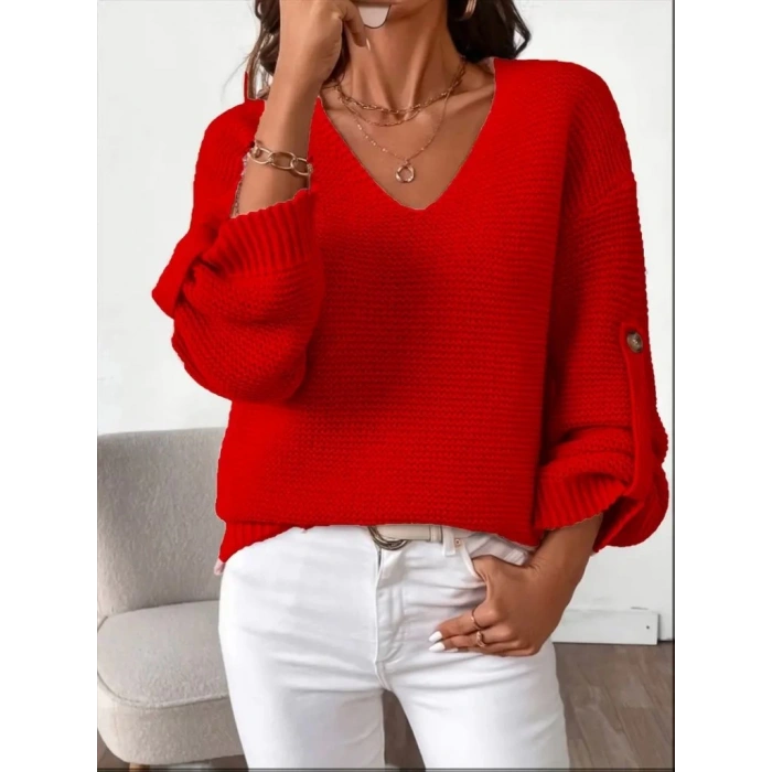 Kadın Uzun Kollu V Yakalı Düğmeli Triko Bluz