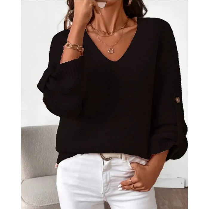 Kadın Uzun Kollu V Yakalı Düğmeli Triko Bluz
