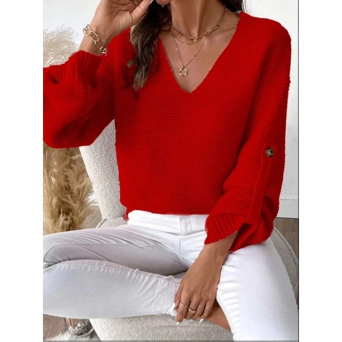 Kadın Uzun Kollu V Yakalı Düğmeli Triko Bluz