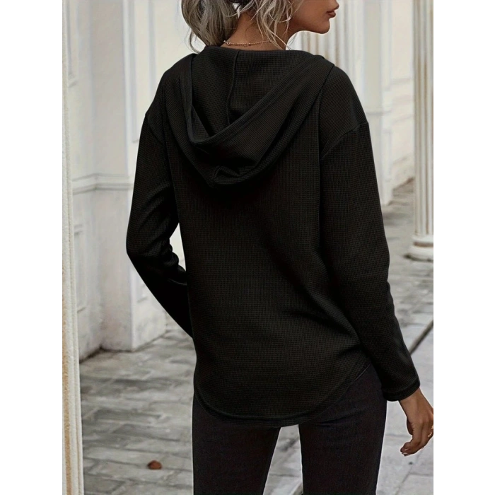 Kadın Uzun Kollu V Yakalı Kapşonlu Waffle Bluz