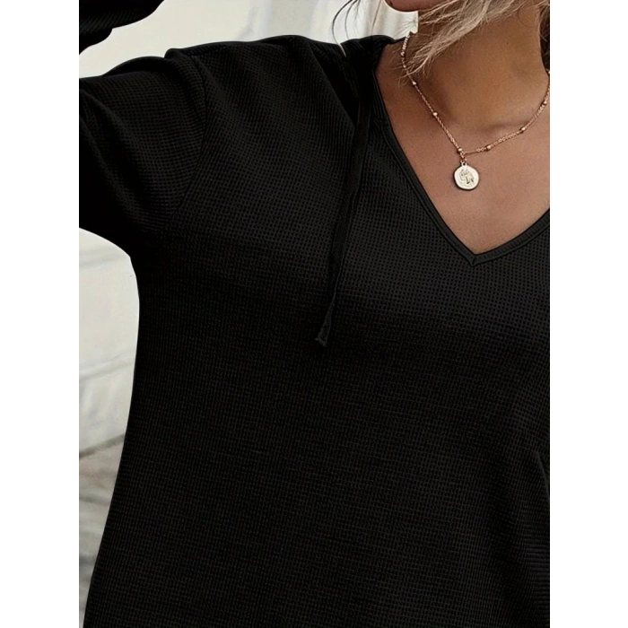 Kadın Uzun Kollu V Yakalı Kapşonlu Waffle Bluz