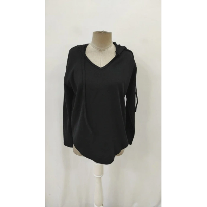 Kadın Uzun Kollu V Yakalı Kapşonlu Waffle Bluz