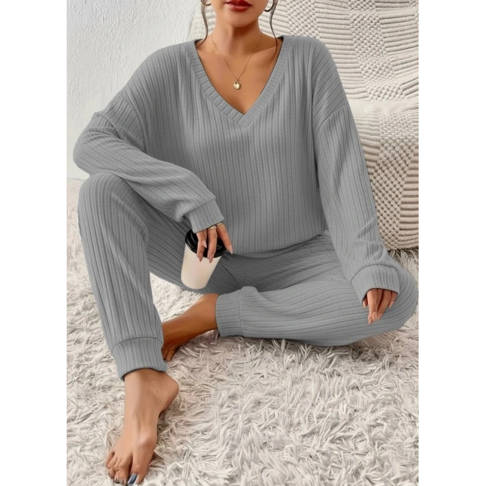 Kadın Uzun Kollu V Yakalı Kaşkorse Bluz Ve Pantolon Ikili Takım