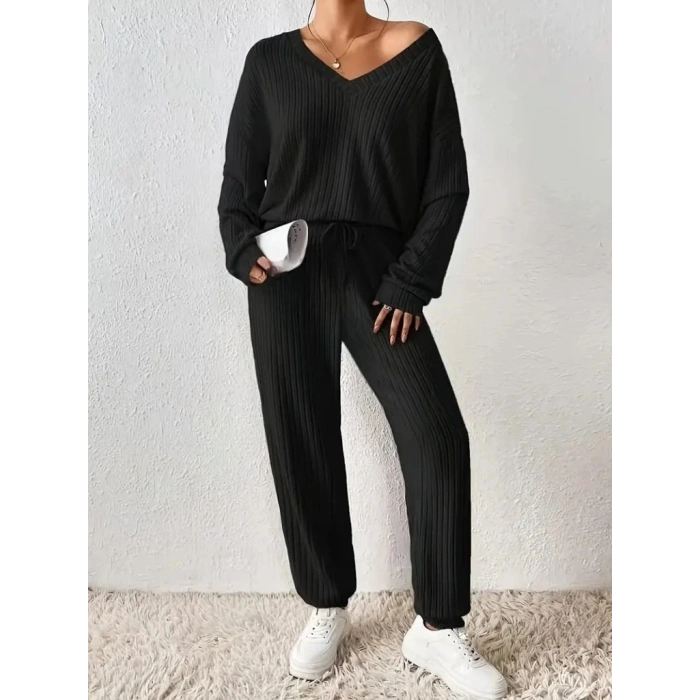 Kadın Uzun Kollu V Yakalı Kaşkorse Bluz Ve Pantolon Ikili Takım