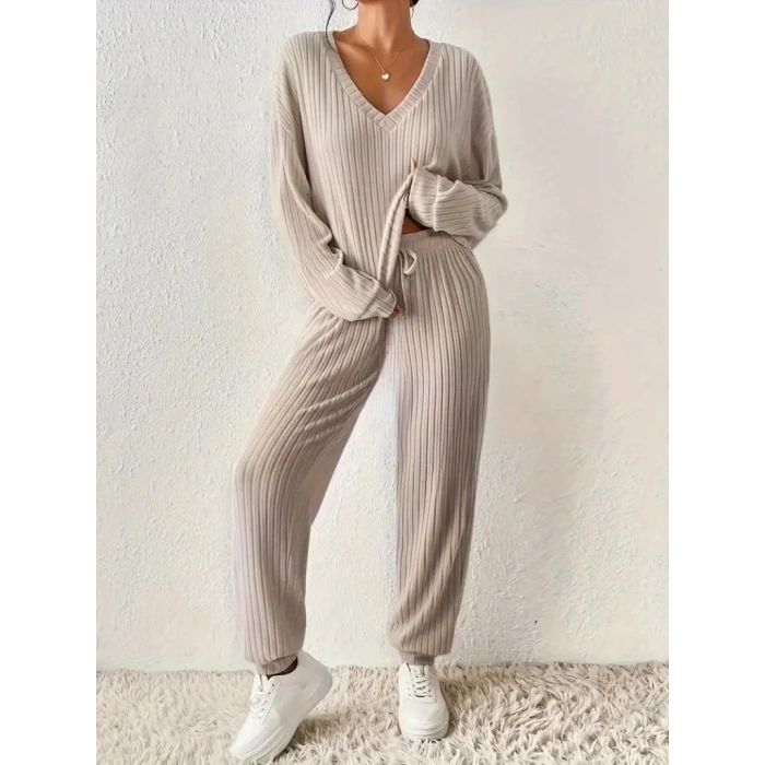 Kadın Uzun Kollu V Yakalı Kaşkorse Bluz Ve Pantolon Ikili Takım