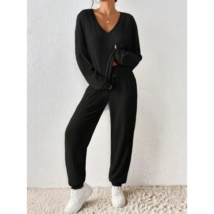 Kadın Uzun Kollu V Yakalı Kaşkorse Bluz Ve Pantolon Ikili Takım