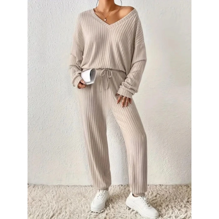 Kadın Uzun Kollu V Yakalı Kaşkorse Bluz Ve Pantolon Ikili Takım