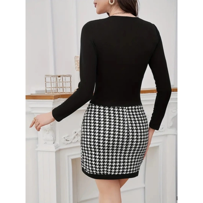 Kadın Uzun Kollu V Yakalı Kaz Ayağı Desenli şardonlu Dalgıç Elbise