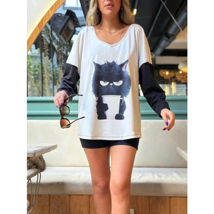 Kadın Uzun Kollu V Yakalı Kedi Baskılı şardonlu Dalgıç Bluz