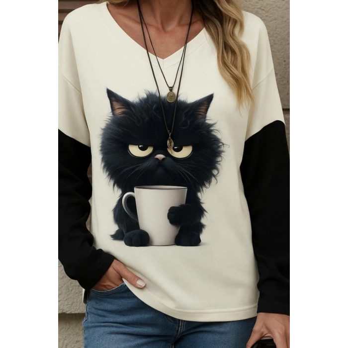 Kadın Uzun Kollu V Yakalı Kedi Baskılı şardonlu Dalgıç Bluz