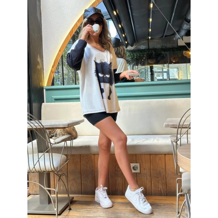 Kadın Uzun Kollu V Yakalı Kedi Baskılı şardonlu Dalgıç Bluz