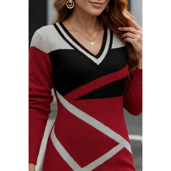 Kadın Uzun Kollu V Yakalı Kısa Triko Elbise