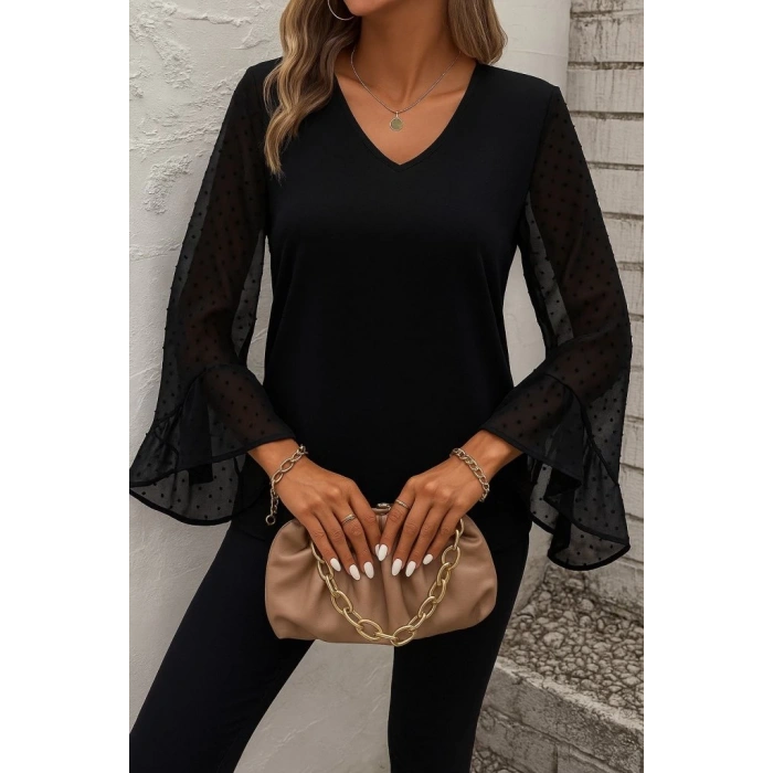 Kadın Uzun Kollu V Yakalı Kolları Ispanyol Detayı Sandy Bluz