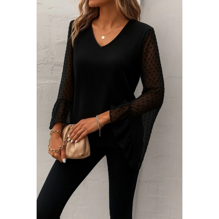 Kadın Uzun Kollu V Yakalı Kolları Ispanyol Detayı Sandy Bluz