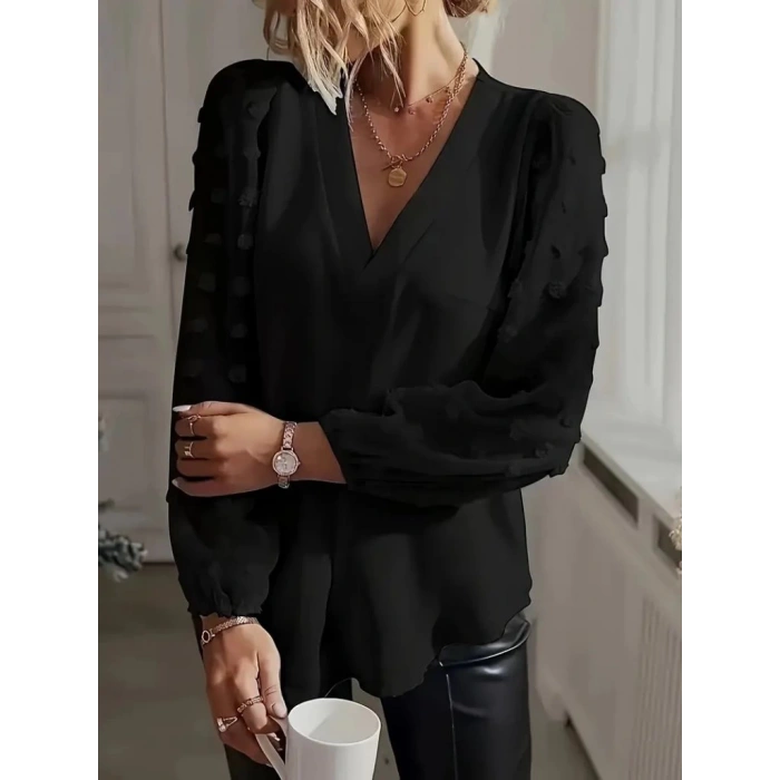 Kadın Uzun Kollu V Yakalı Kolları Popon Detaylı Sandy Bluz