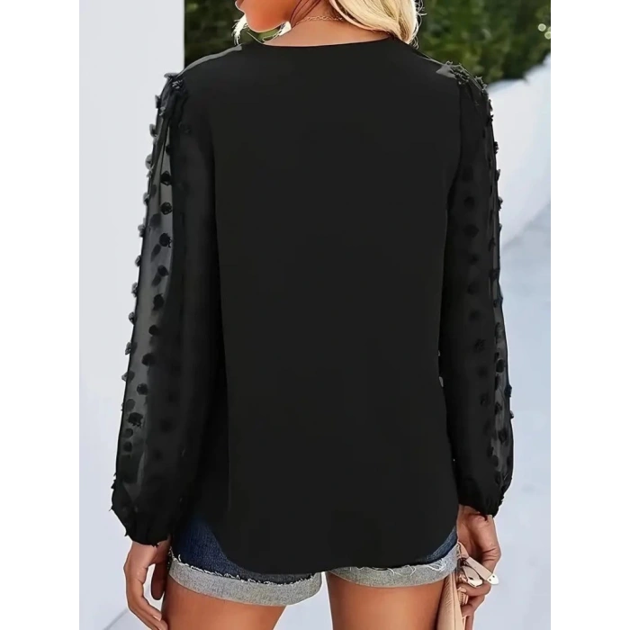 Kadın Uzun Kollu V Yakalı Kolları Popon Detaylı Sandy Bluz