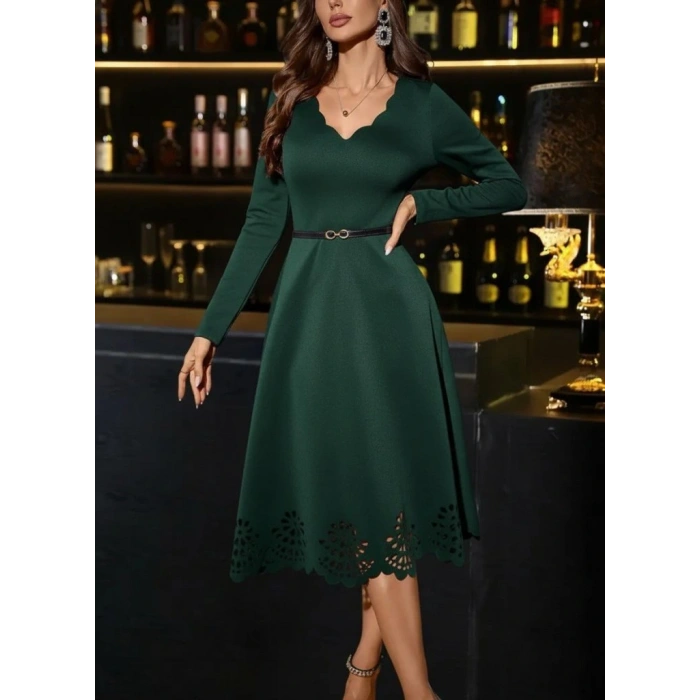 Kadın Uzun Kollu V Yakalı Lazer Kesim Detaylı Midi Ithal Krep Elbise