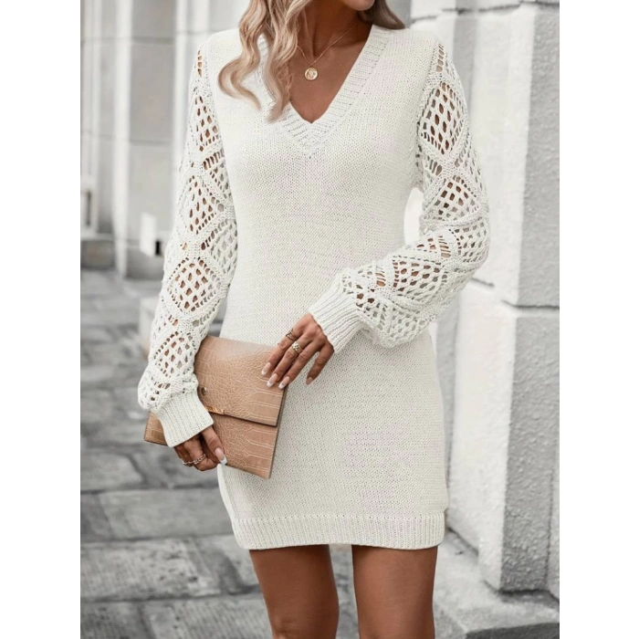 Kadın Uzun Kollu V Yakalı Mini Triko Elbise