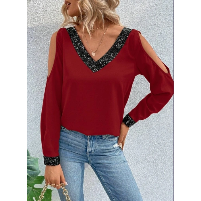 Kadın Uzun Kollu V Yakalı Omuzlardan Açık Sandy Bluz