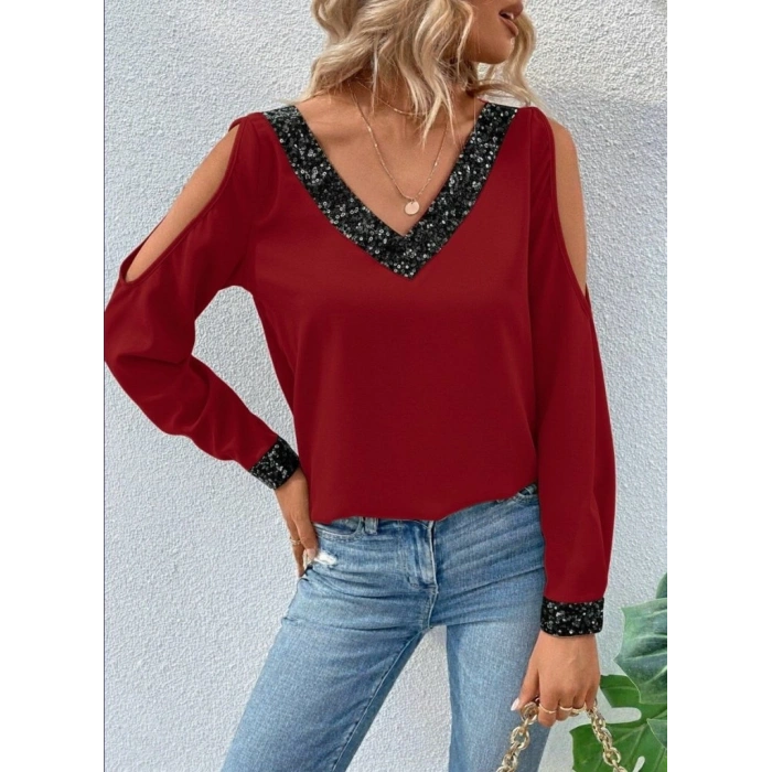 Kadın Uzun Kollu V Yakalı Omuzlardan Açık Sandy Bluz