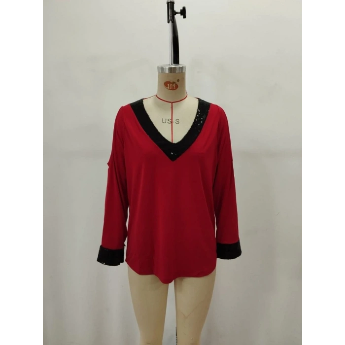 Kadın Uzun Kollu V Yakalı Omuzlardan Açık Sandy Bluz