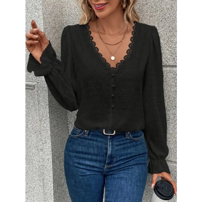 Kadın Uzun Kollu V Yakalı önden Düğmeli Bluz