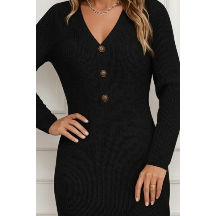 Kadın Uzun Kollu V Yakalı önden Düğmeli Kısa Triko Elbise