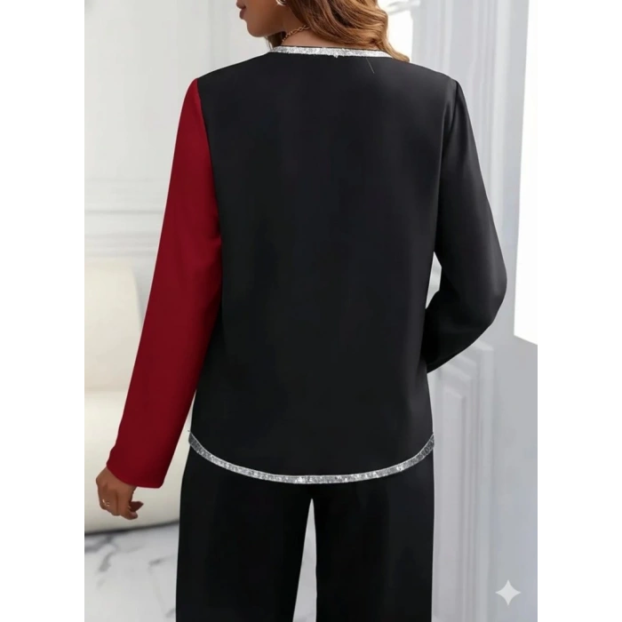 Kadın Uzun Kollu V Yakalı Pul Payet Işlemeli Ithal Krep Bluz