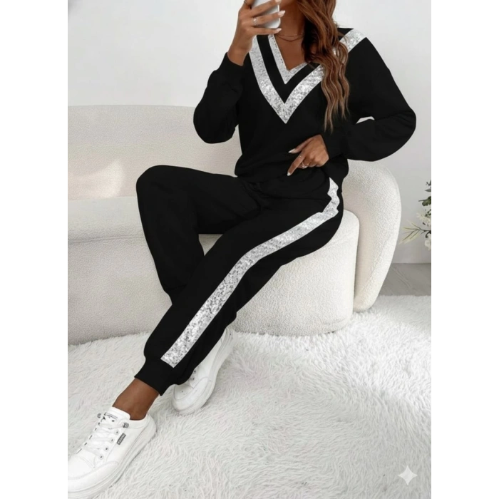 Kadın Uzun Kollu V Yakalı Pulpayetli Viskon Iki Iplik Bluz Ve Pantolon