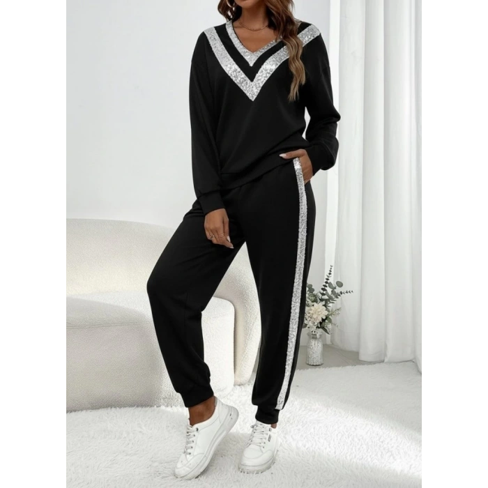 Kadın Uzun Kollu V Yakalı Pulpayetli Viskon Iki Iplik Bluz Ve Pantolon