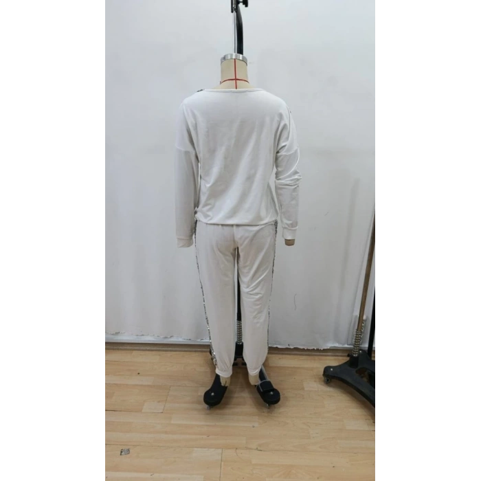 Kadın Uzun Kollu V Yakalı Pulpayetli Viskon Iki Iplik Bluz Ve Pantolon