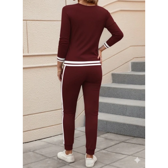 Kadın Uzun Kollu V Yakalı Ribanalı Viskon Iki Iplik Bluz Ve Pantolon Ikili Takım