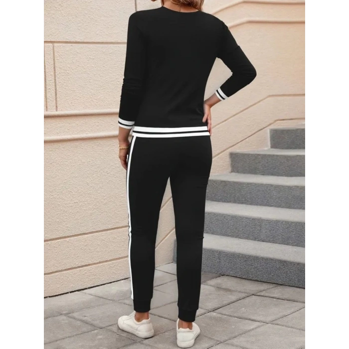 Kadın Uzun Kollu V Yakalı Ribanalı Viskon Iki Iplik Bluz Ve Pantolon Ikili Takım