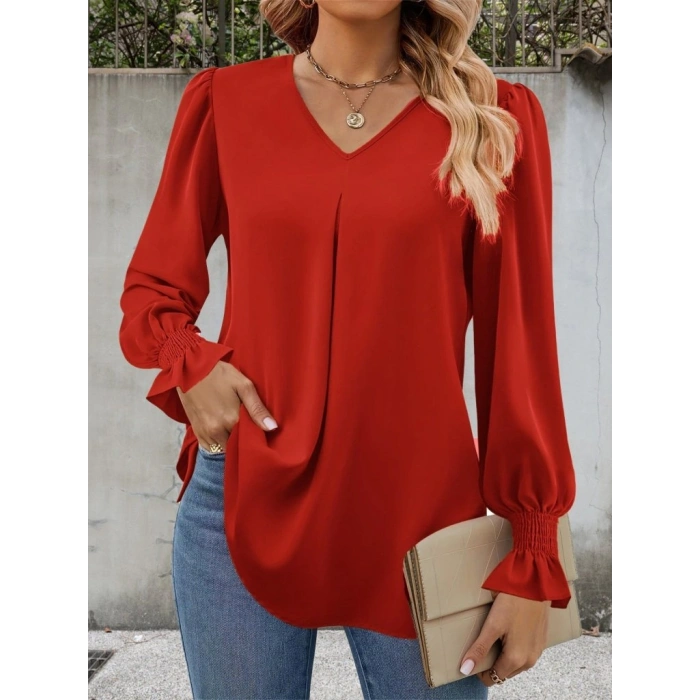 Kadın Uzun Kollu V Yakalı Salaş Ithal Krep Bluz