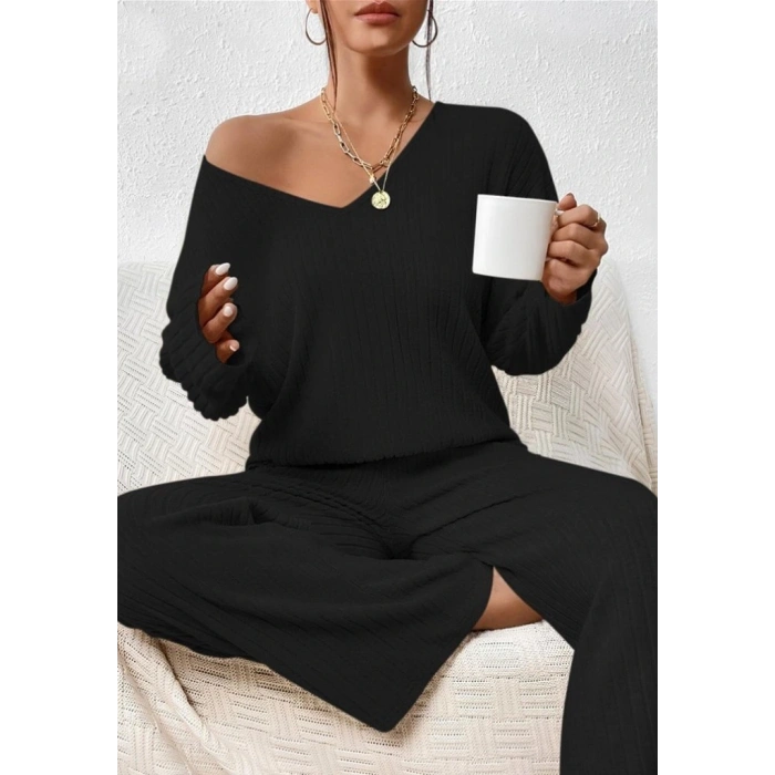 Kadın Uzun Kollu V Yakalı şardonlu Kaşkorse Bluz Ve Pantolon Ikili Takım