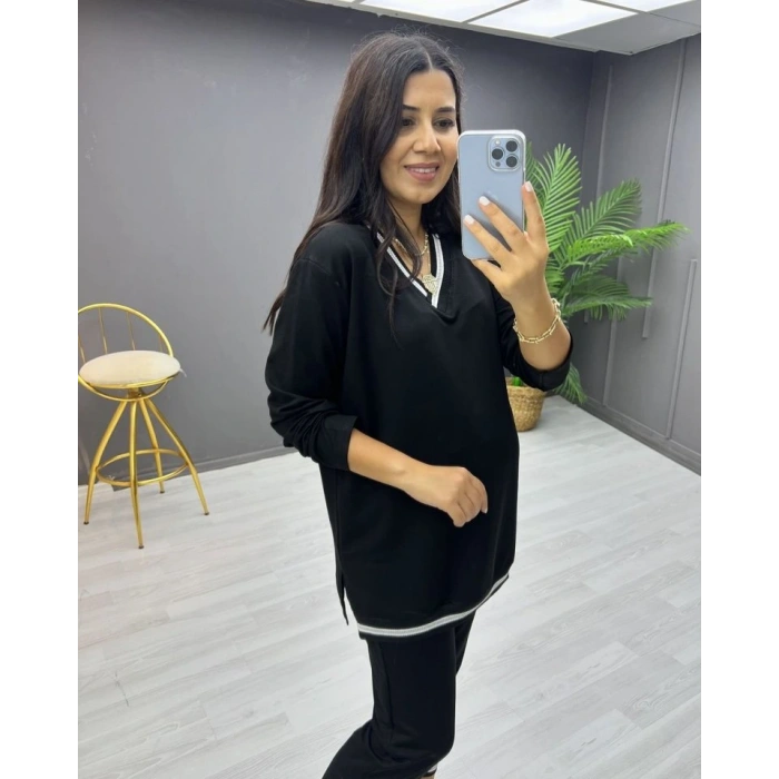 Kadın Uzun Kollu V Yakalı şerit Detay Alt Ve üst Viskon Iki Iplik Detay Ikili Takım