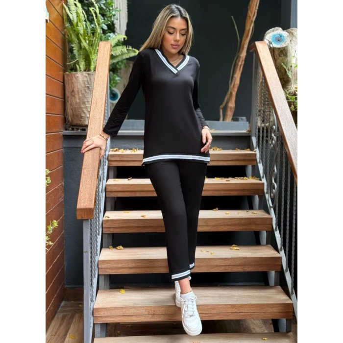 Kadın Uzun Kollu V Yakalı şerit Detay Alt Ve üst Viskon Iki Iplik Detay Ikili Takım