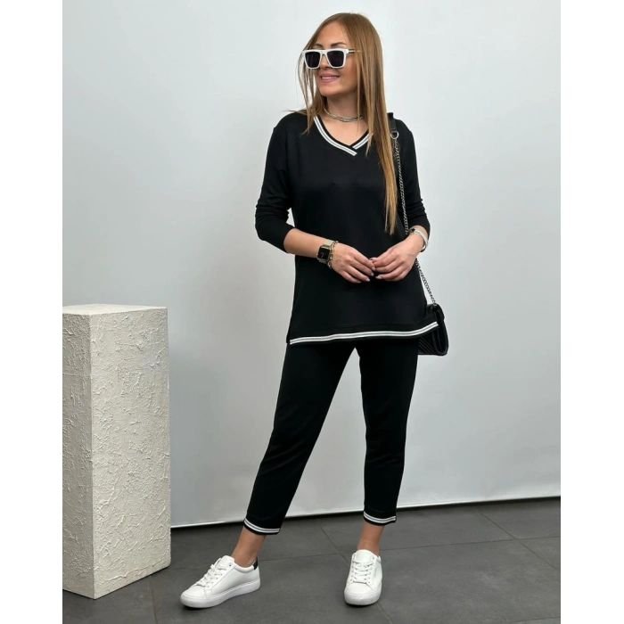 Kadın Uzun Kollu V Yakalı şerit Detay Alt Ve üst Viskon Iki Iplik Detay Ikili Takım