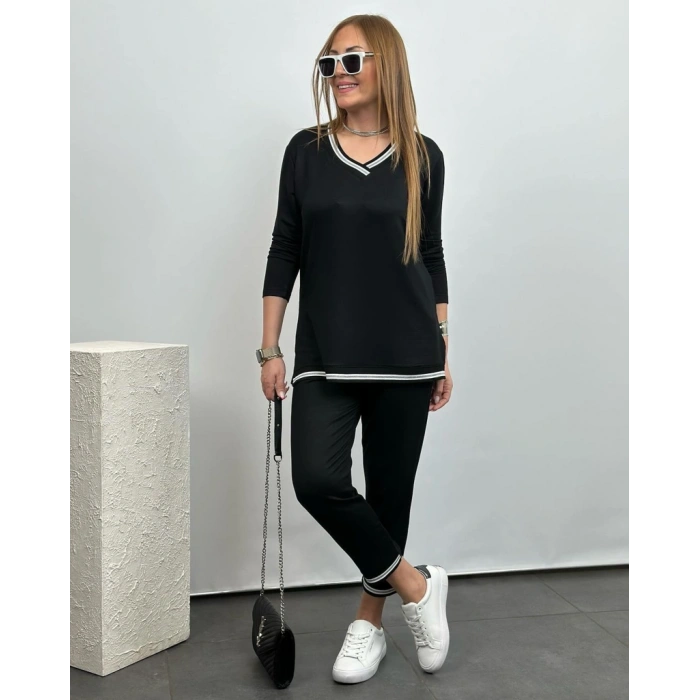 Kadın Uzun Kollu V Yakalı şerit Detay Alt Ve üst Viskon Iki Iplik Detay Ikili Takım