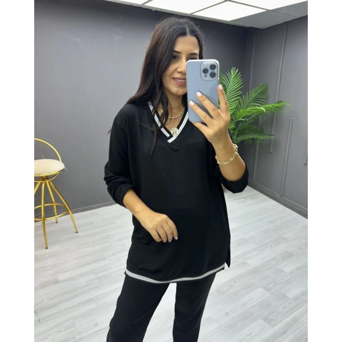 Kadın Uzun Kollu V Yakalı şerit Detay Alt Ve üst Viskon Iki Iplik Detay Ikili Takım